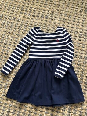 Ralph Lauren Navy & White Striped Long Sleeve Dress with Red Pony